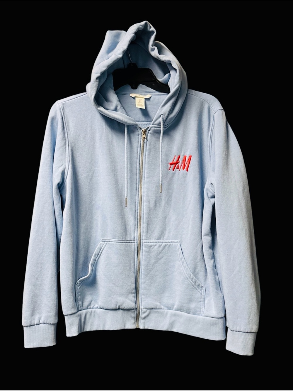H&M Unisex Cotton-blend Light Blue Full-Zip Hoodie with Red Logo Size Medium